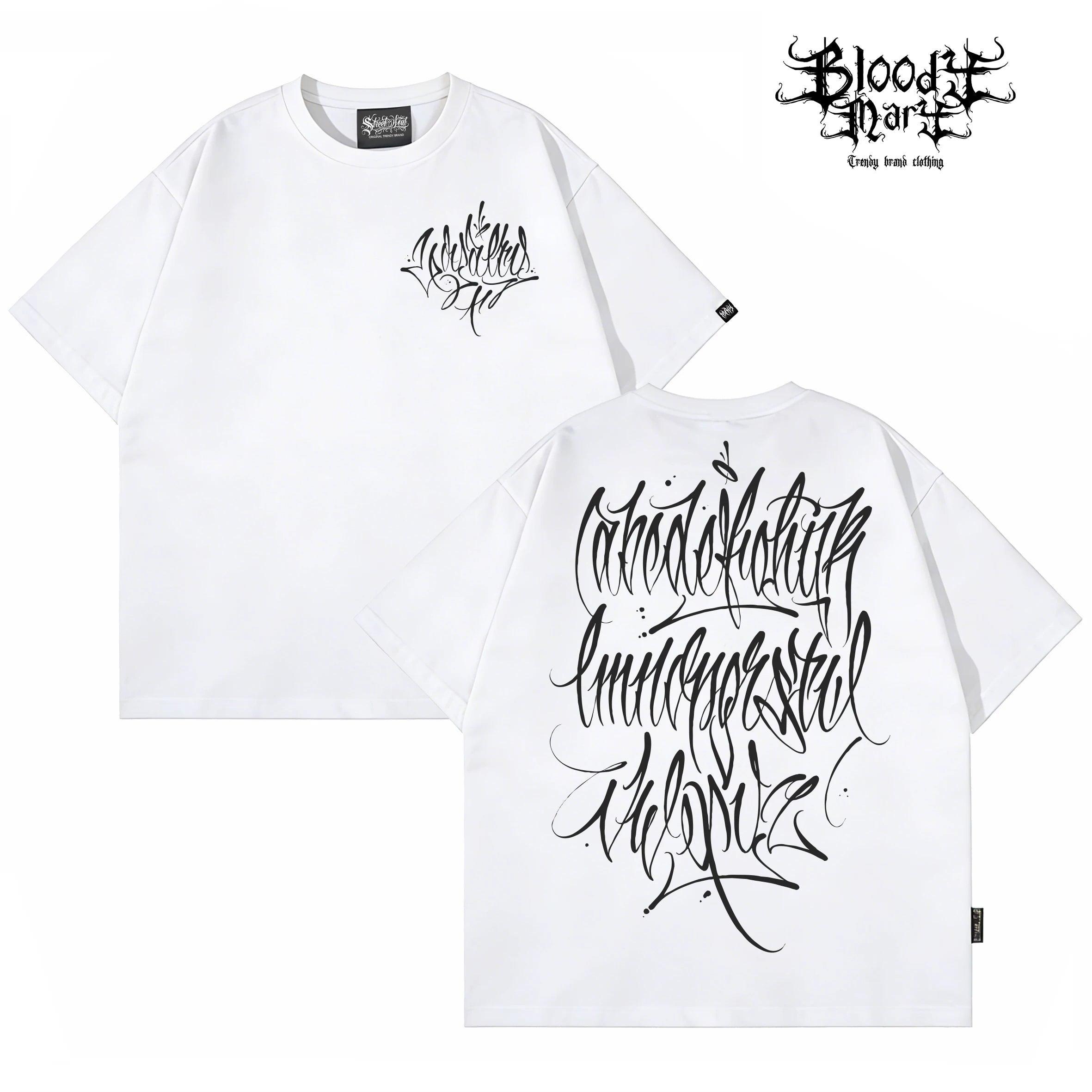 American Trendy Brand Flower Font West Coast Hip Hop Black Short sleeved T-shirt Loose Cotton Heavy duty Letter Printed Trendy Brand