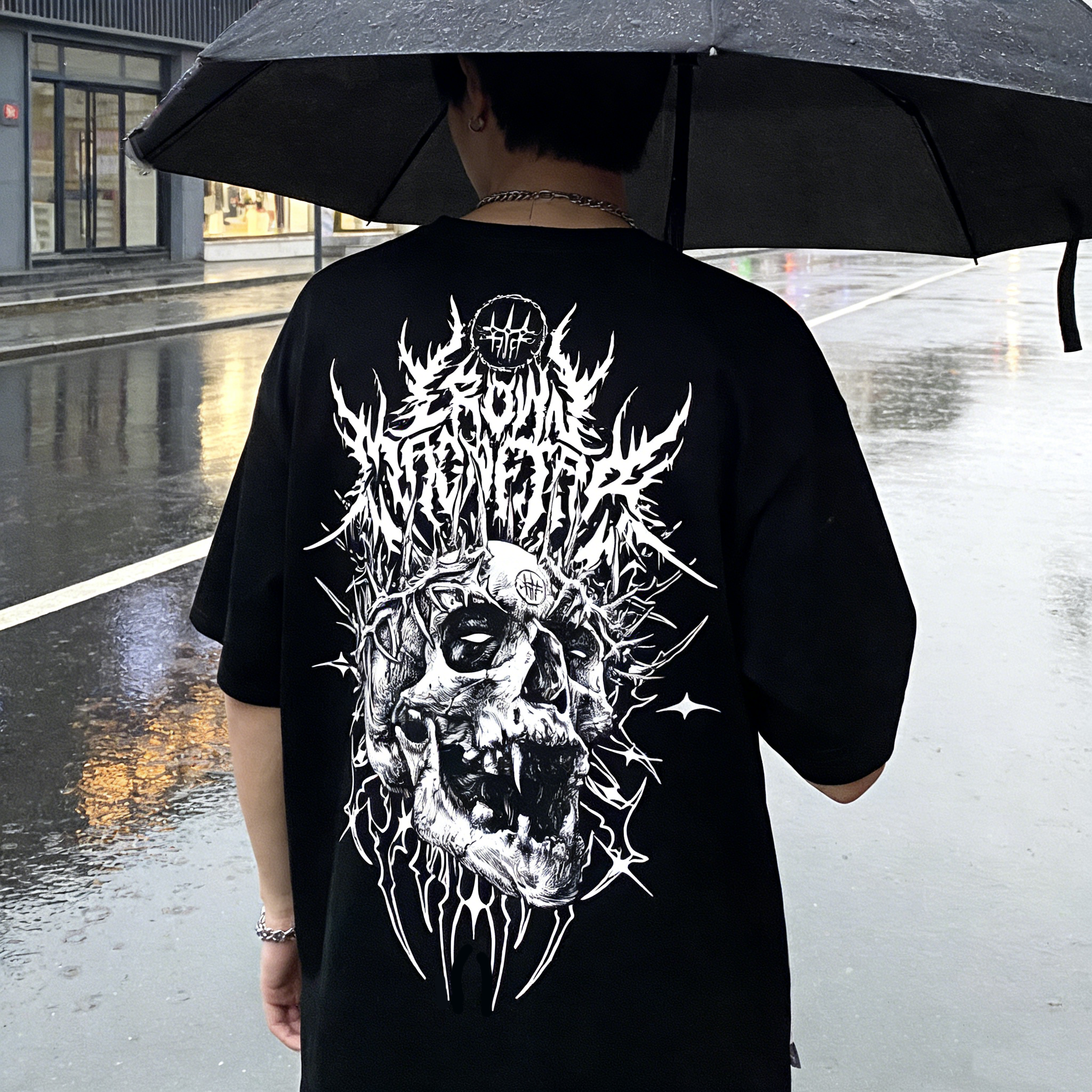 European and American street tattoo artist retro dark gothic skeleton heavyweight trendy brand direct spray short sleeved t-shirt top for summer