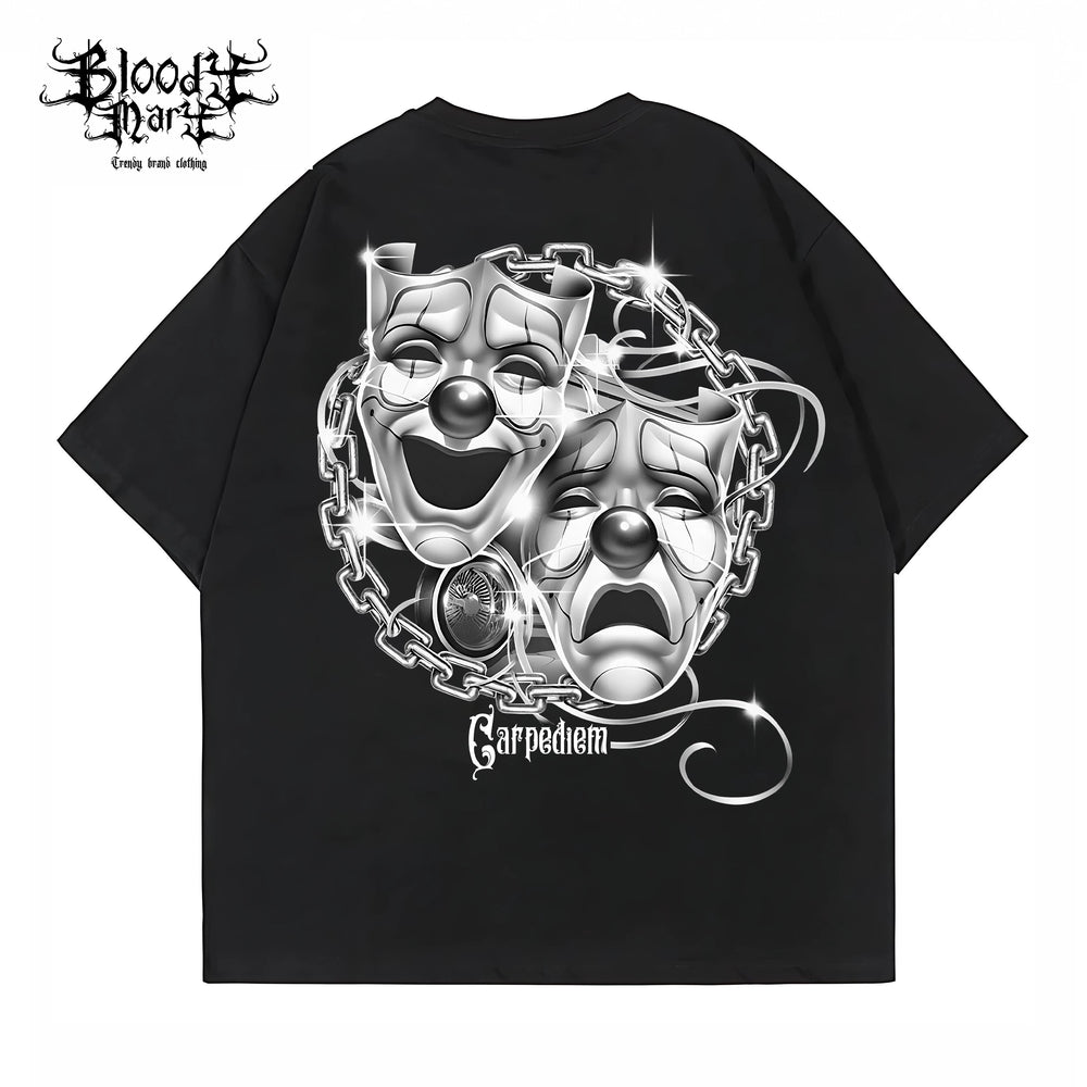 Trendy American Street Chicano Flower Font Short Sleeve Loose Cotton Heavy Weight Clown Hip Hop Tattoo Artist T-shirt Crowd