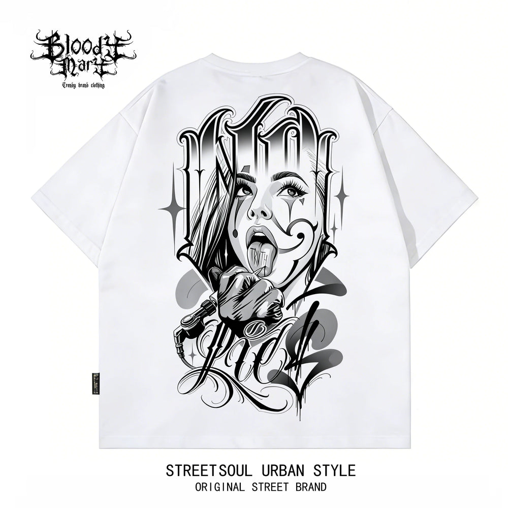 American street dark style floral font West Coast short sleeved T-shirt for men, loose and heavyweight, niche trendy printed top
