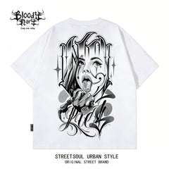 American street dark style floral font West Coast short sleeved T-shirt for men, loose and heavyweight, niche trendy printed top