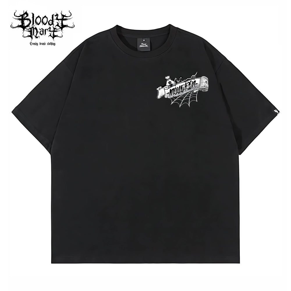 American Street Retro USD Banknote Flower Font Loose Cotton Heavy Weight Niche Hip Hop Tattoo Artist Trendy Brand T-shirt
