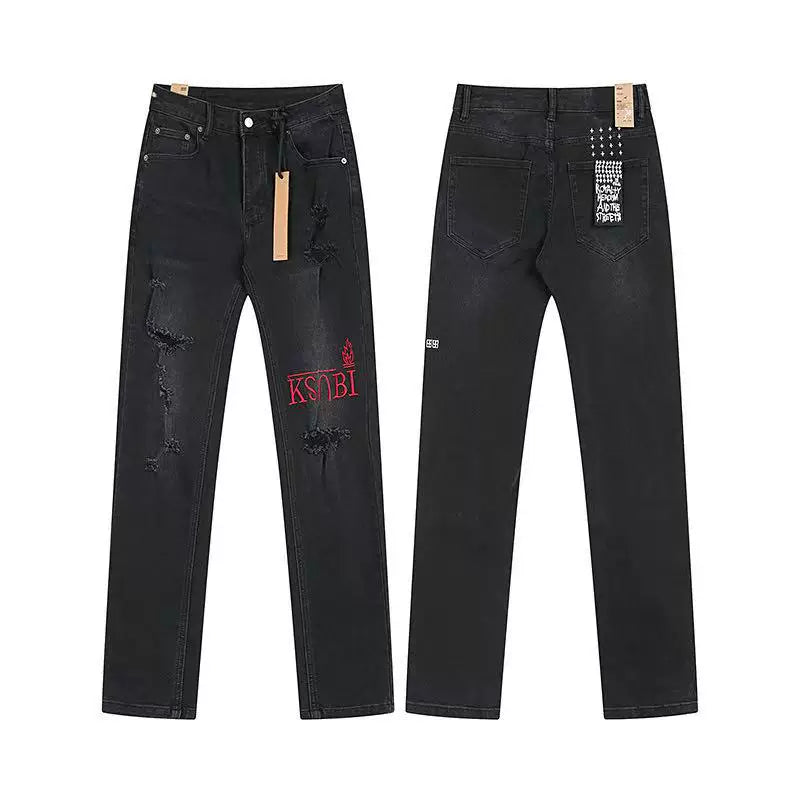 Ksubi Distressed Denim with Red "KSUBI" Print - Washed Black