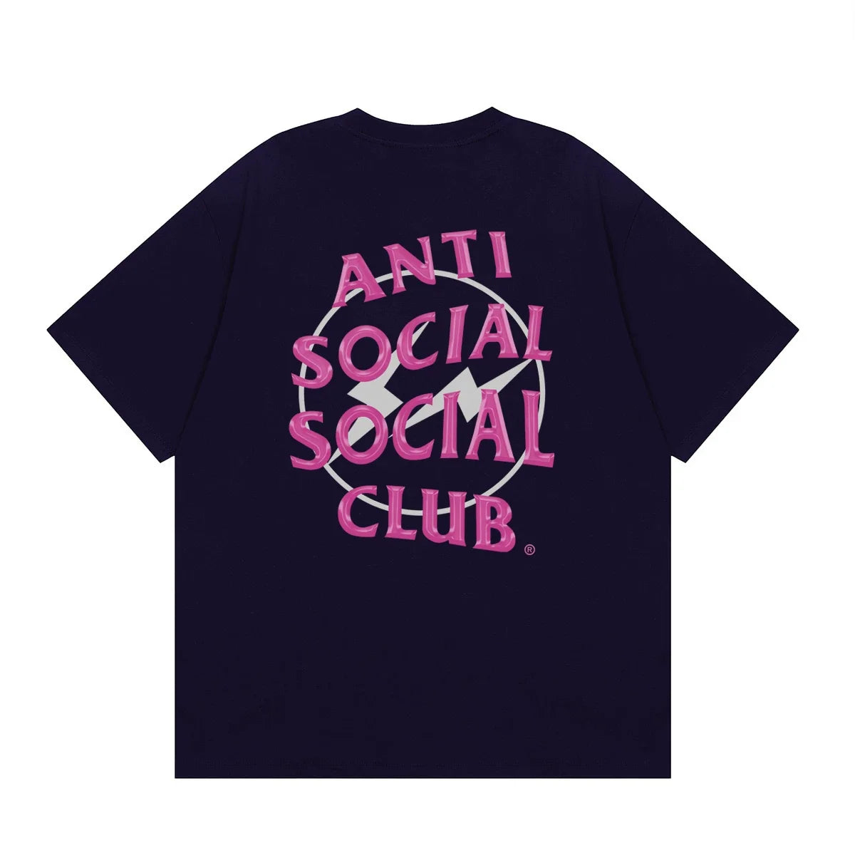 Anti Social Social Club Pink Lightning Circle Logo T-Shirt - Navy Blue