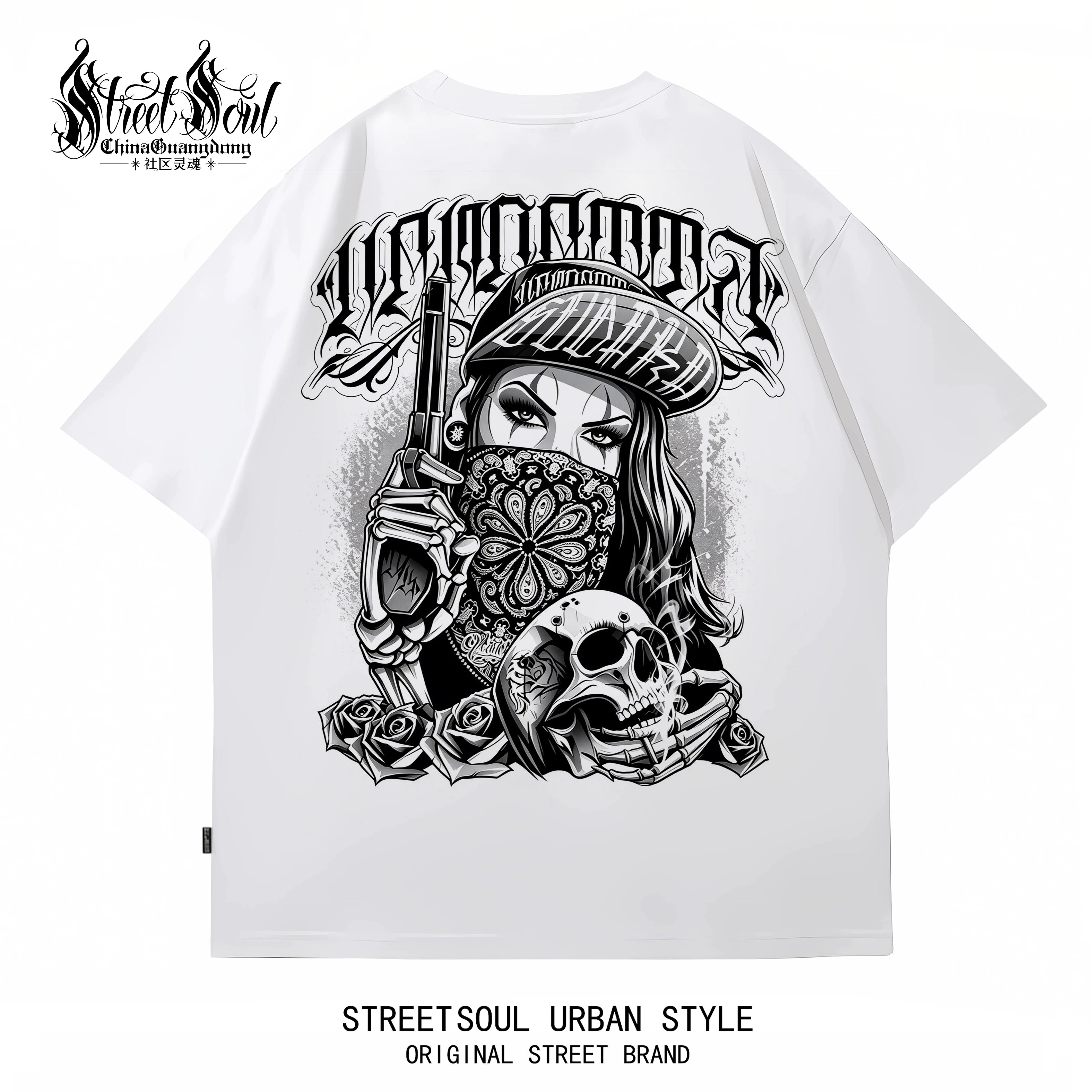 Trendy American West Coast Hip Hop Street Style Short Sleeve T-shirt for Men, Loose and Heavy Weight, Pure Cotton Skeleton, Pure Cotton Tattoo Artist