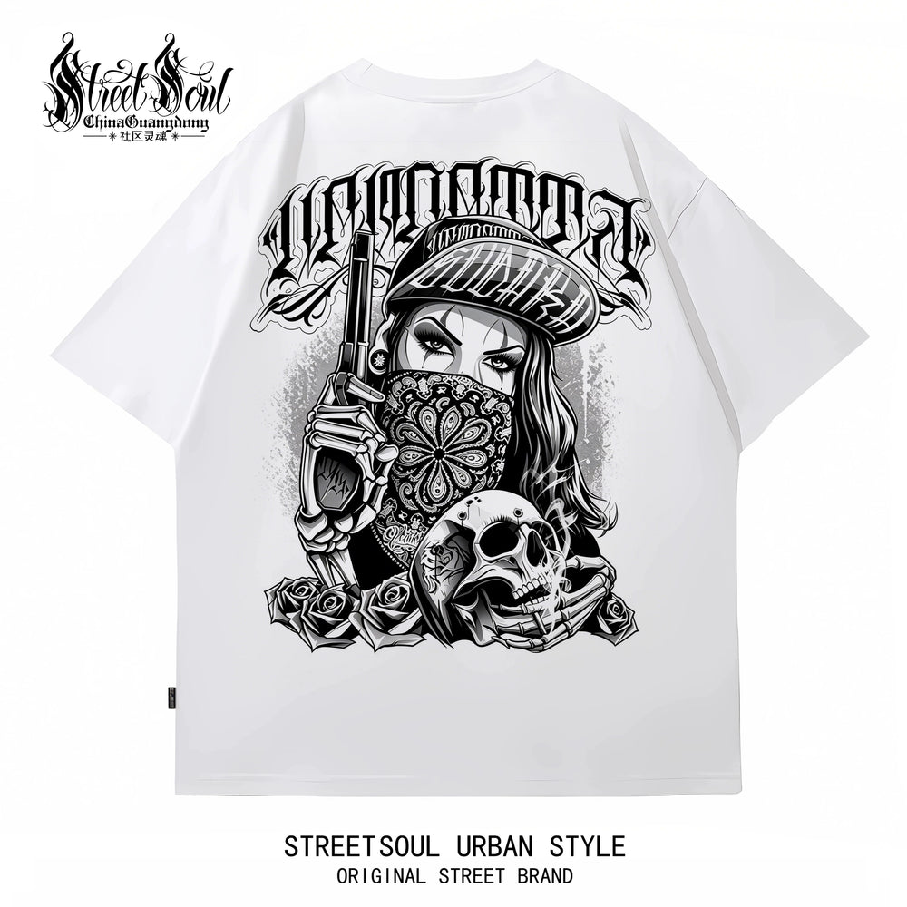 Trendy American West Coast Hip Hop Street Style Short Sleeve T-shirt for Men, Loose and Heavy Weight, Pure Cotton Skeleton, Pure Cotton Tattoo Artist