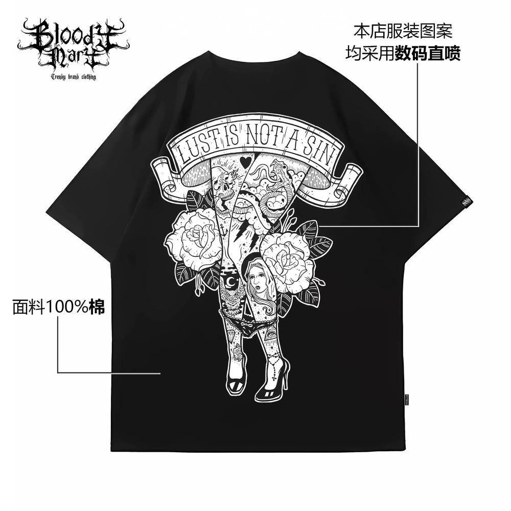 Original trendy brand American street flower font short sleeved men's and women's loose cotton heavyweight niche hip-hop tattoo artist T-shirt