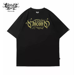 American street retro floral font short sleeved loose cotton heavyweight niche hip-hop tattoo artist trendy T-shirt
