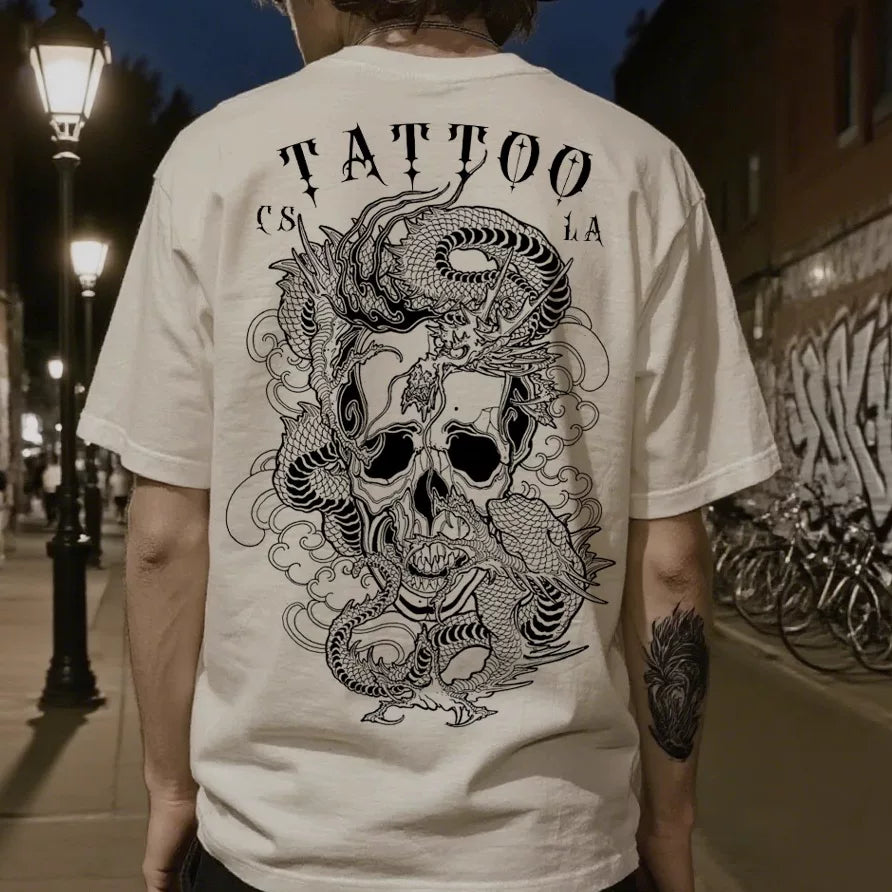 American traditional dragon street flower font short sleeved loose cotton heavyweight niche hip-hop tattoo artist trendy T-shirt