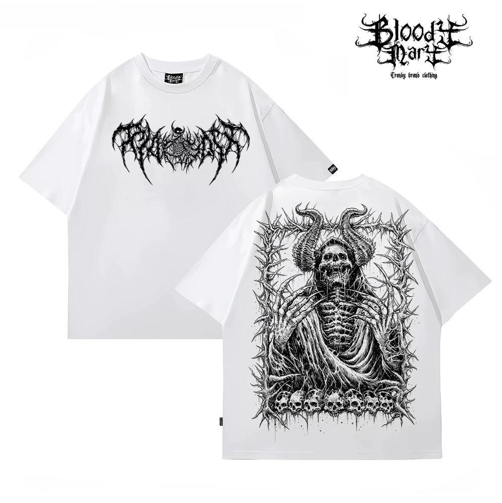 American street dark gothic style skull print short sleeved T-shirt for men and women loose couple outfit trendy brand high street style