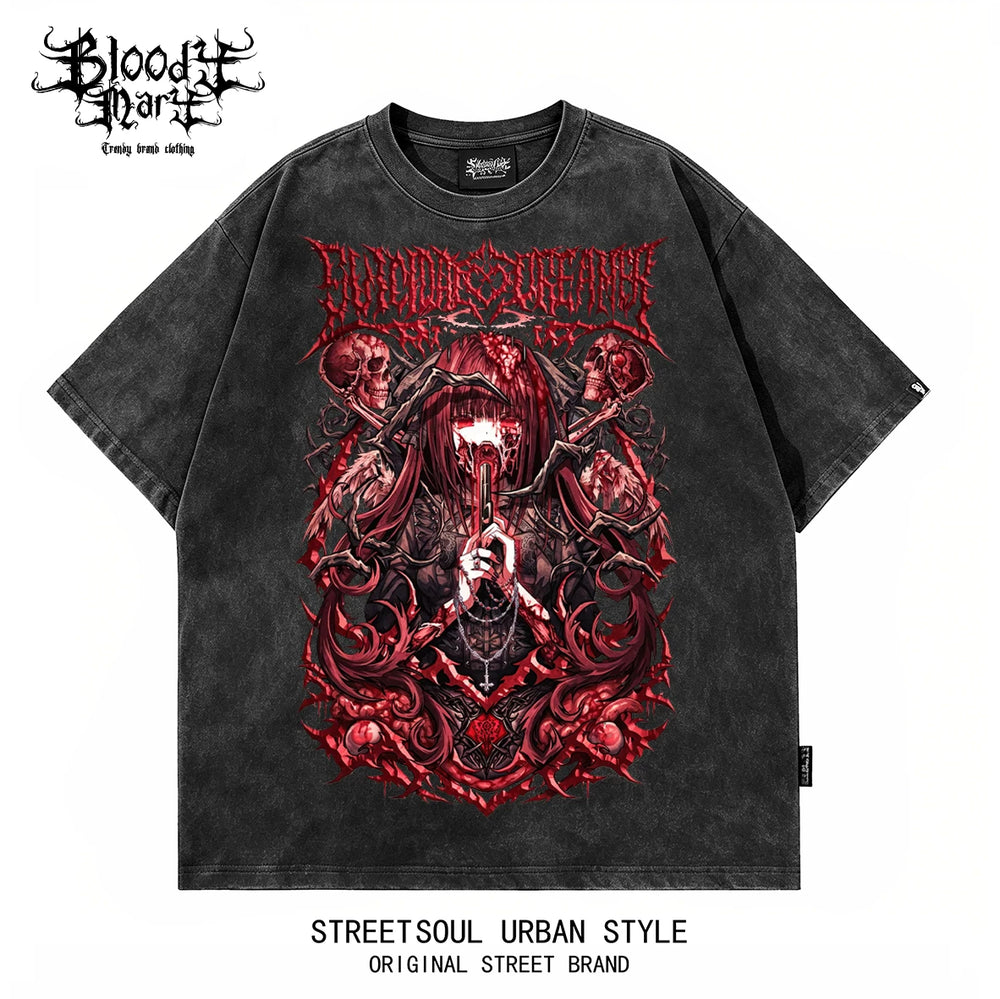 American street dark style anime printed short sleeved T-shirt for men and women, loose fitting washed vintage trendy top