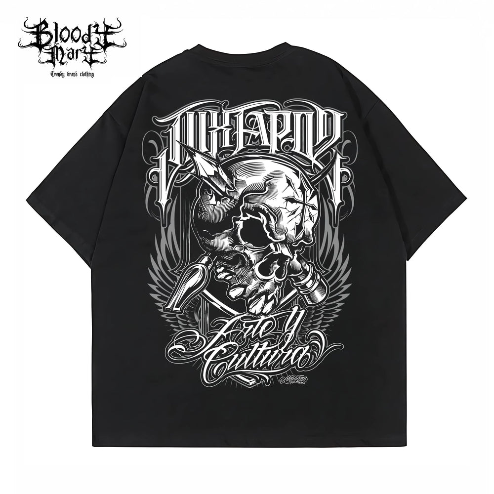 Trendy American street flower font short sleeved loose cotton heavyweight niche hip-hop tattoo artist skeleton T-shirt