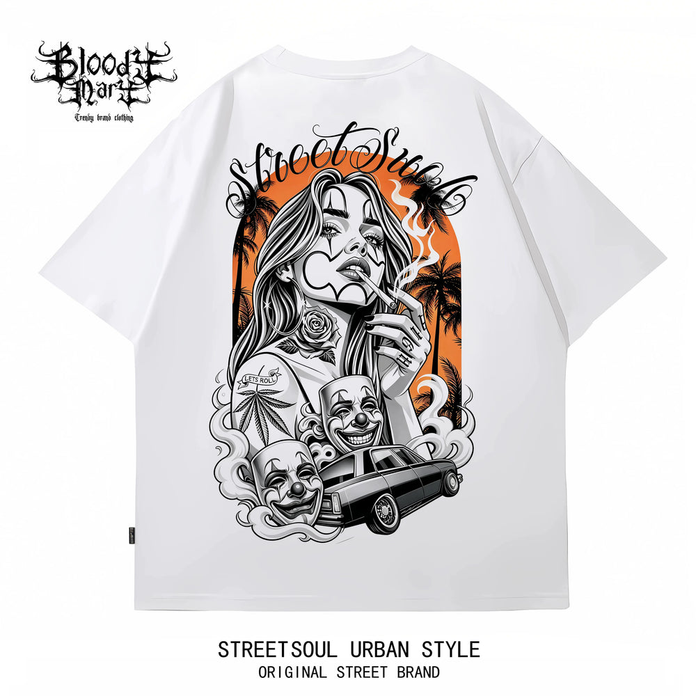 American hip-hop Chicano ins style printed short sleeved T-shirt for men and women loose black trendy brand versatile summer new item