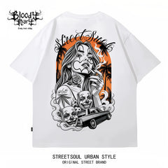American hip-hop Chicano ins style printed short sleeved T-shirt for men and women loose black trendy brand versatile summer new item