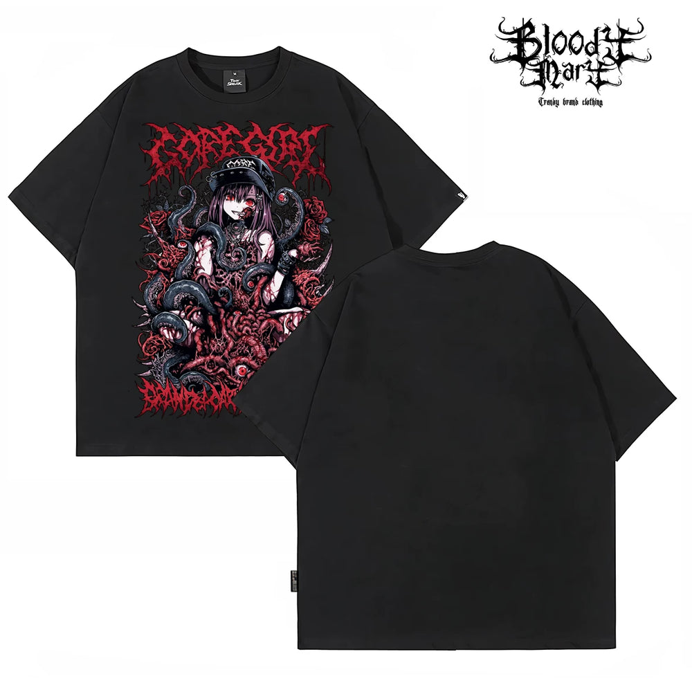 American hip-hop style gothic anime printed short sleeved T-shirts for men and women loose heavy weight cotton dark rock trendy brand