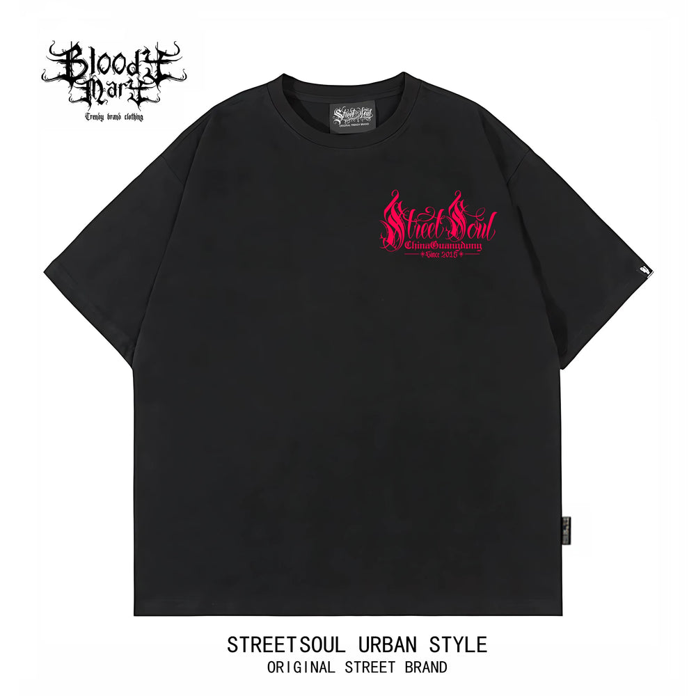 Trendy brand floral font hip-hop street style short sleeved West Coast Chicano T-shirt men's black letter print oversiz