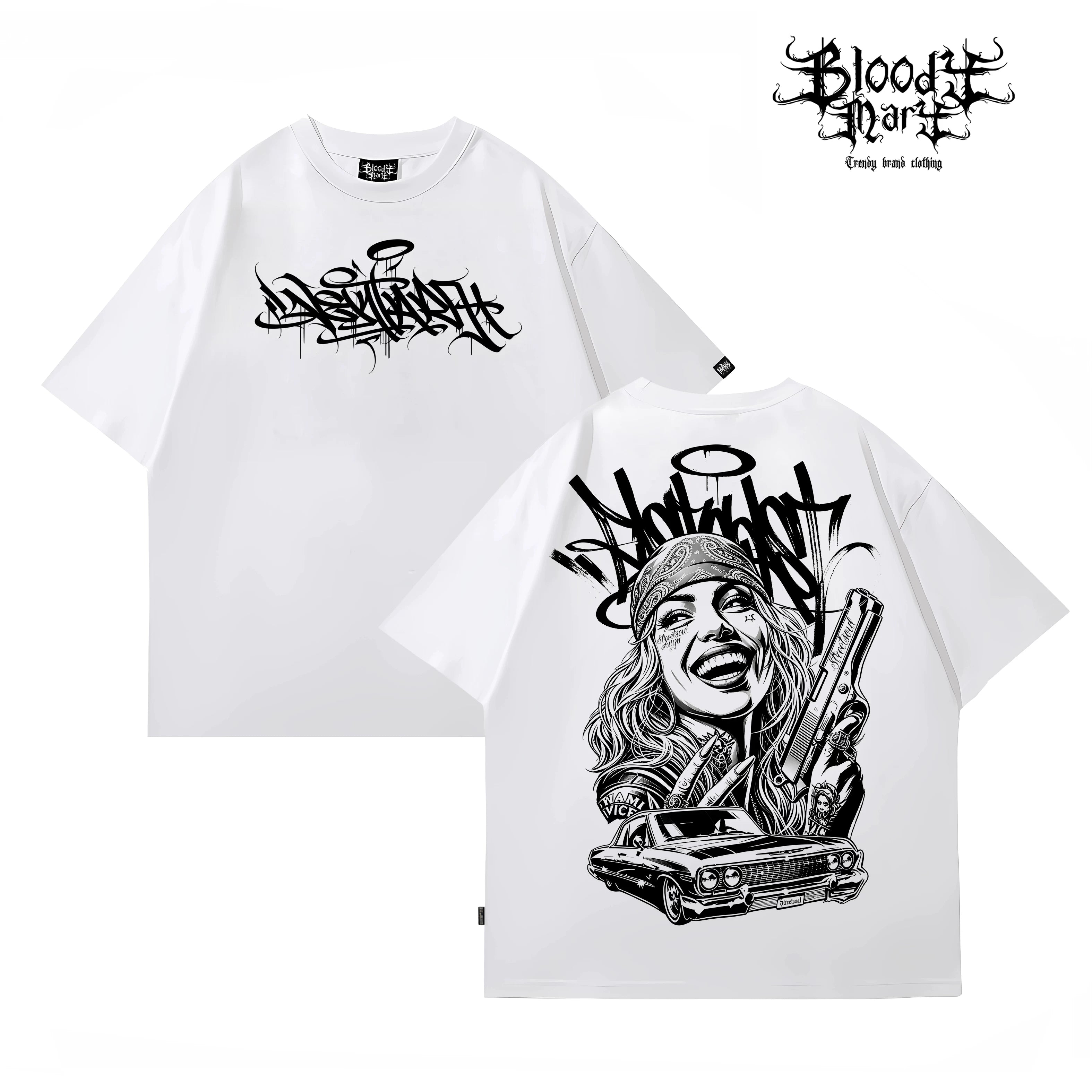 American street dark style printed short sleeved T-shirt for men and women loose couple outfit trendy high street style top
