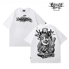 American street dark style printed short sleeved T-shirt for men and women loose couple outfit trendy high street style top