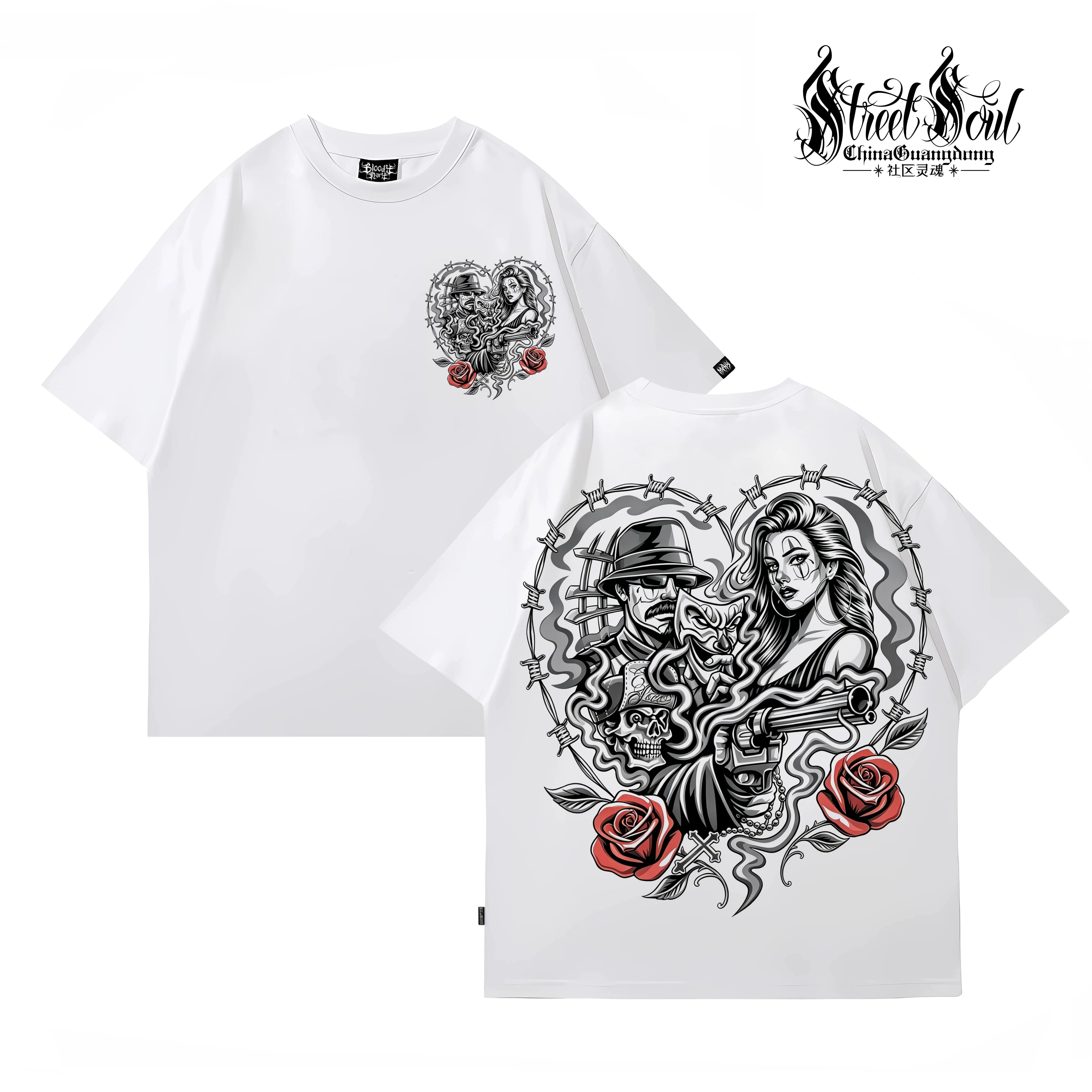American Fashion Brand Chicano China-Chic Rose Printed Short Sleeve T-shirt Men's Black Round Neck Loose Cotton Rock Style