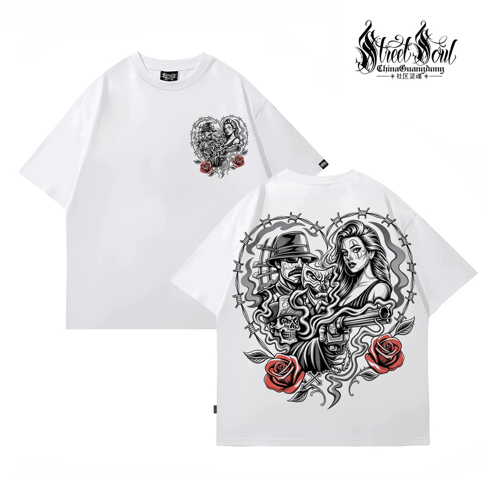 American Fashion Brand Chicano China-Chic Rose Printed Short Sleeve T-shirt Men's Black Round Neck Loose Cotton Rock Style