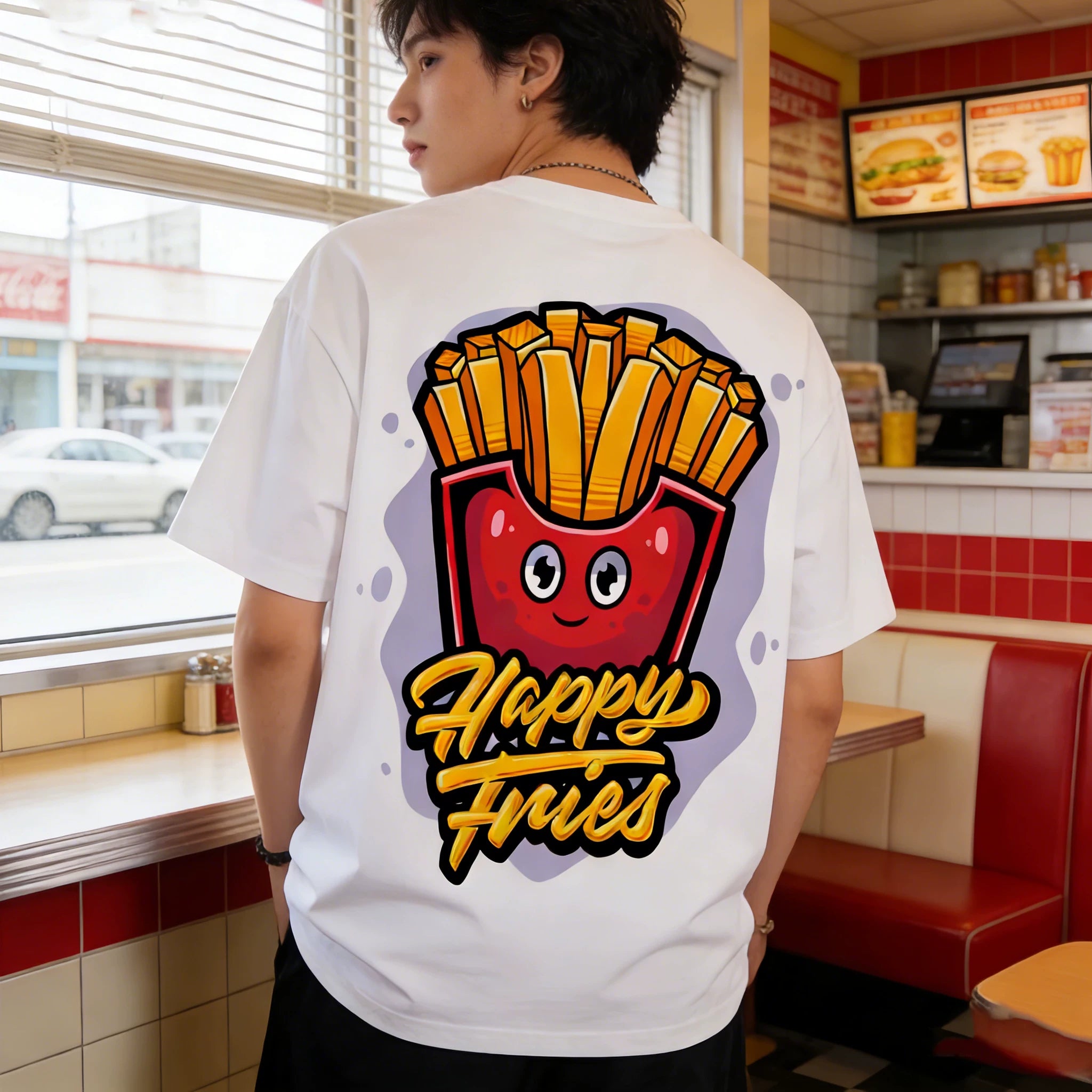 Trendy brand french fries printed pure cotton loose T-shirt American niche ins style versatile men and women's casual trend short sleeved 2025