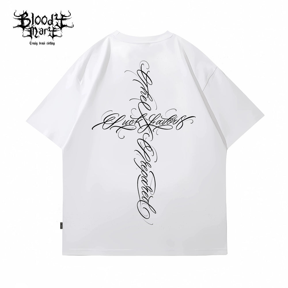 American street flower font short sleeved loose cotton heavyweight niche hip-hop fashion brand tattoo artist T-shirt abstract trend