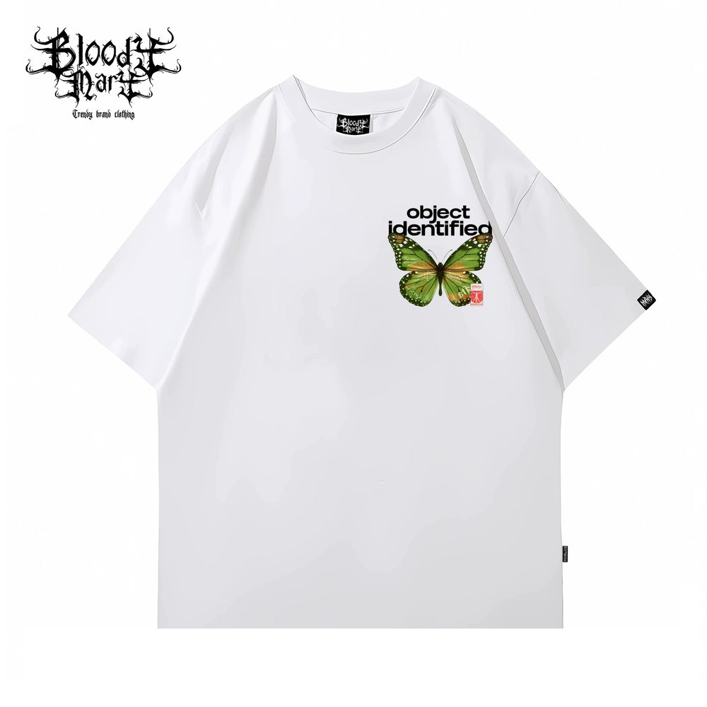 Trendy streetwear hip-hop ins style American heavyweight men and women butterfly letter print versatile loose short sleeved T-shirt white