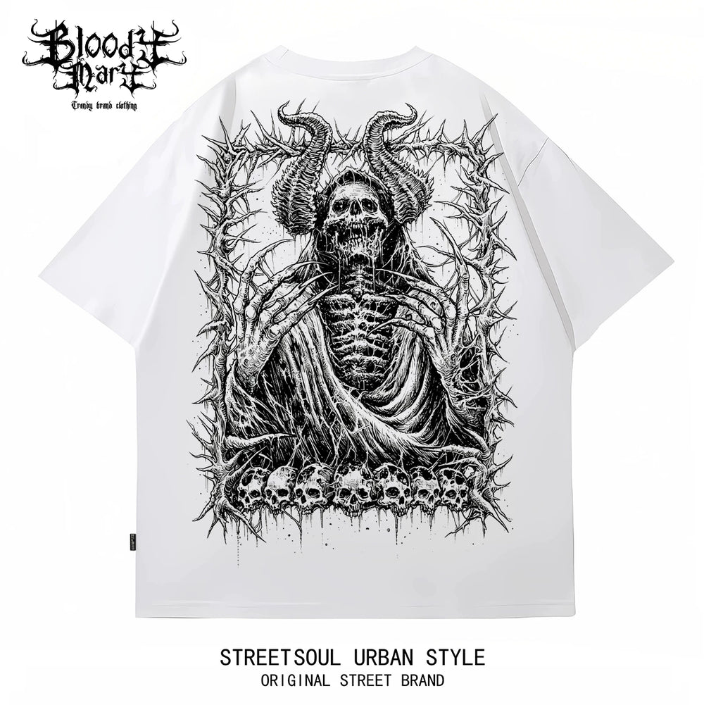 American street dark gothic style skull print short sleeved T-shirt for men and women loose couple outfit trendy brand high street style