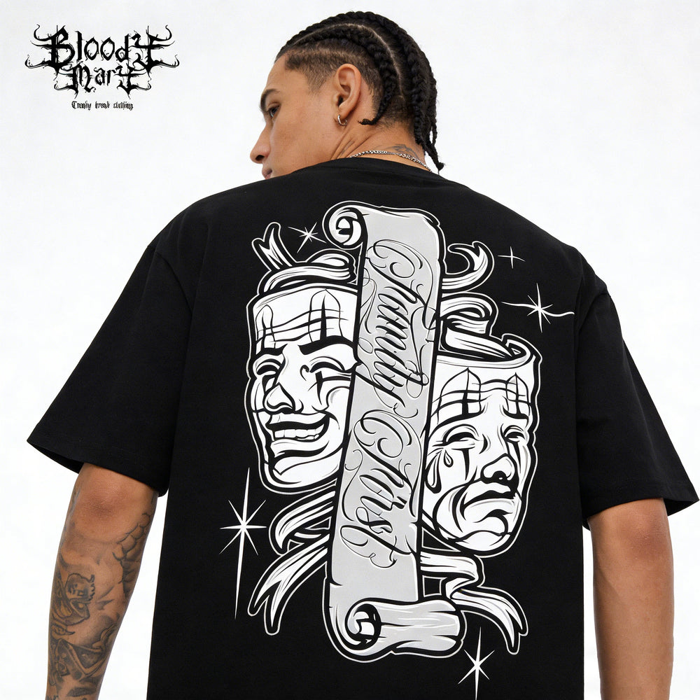 Original Trendy American Chicano Crying and Smiling Chicano Short sleeved T-shirt for Men and Women, Loose Cotton, Heavy Weight Tattoo Artist