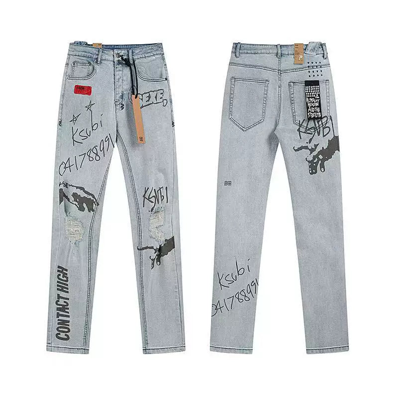 Ksubi All-Over Graffiti & Script Print Denim - Light Blue