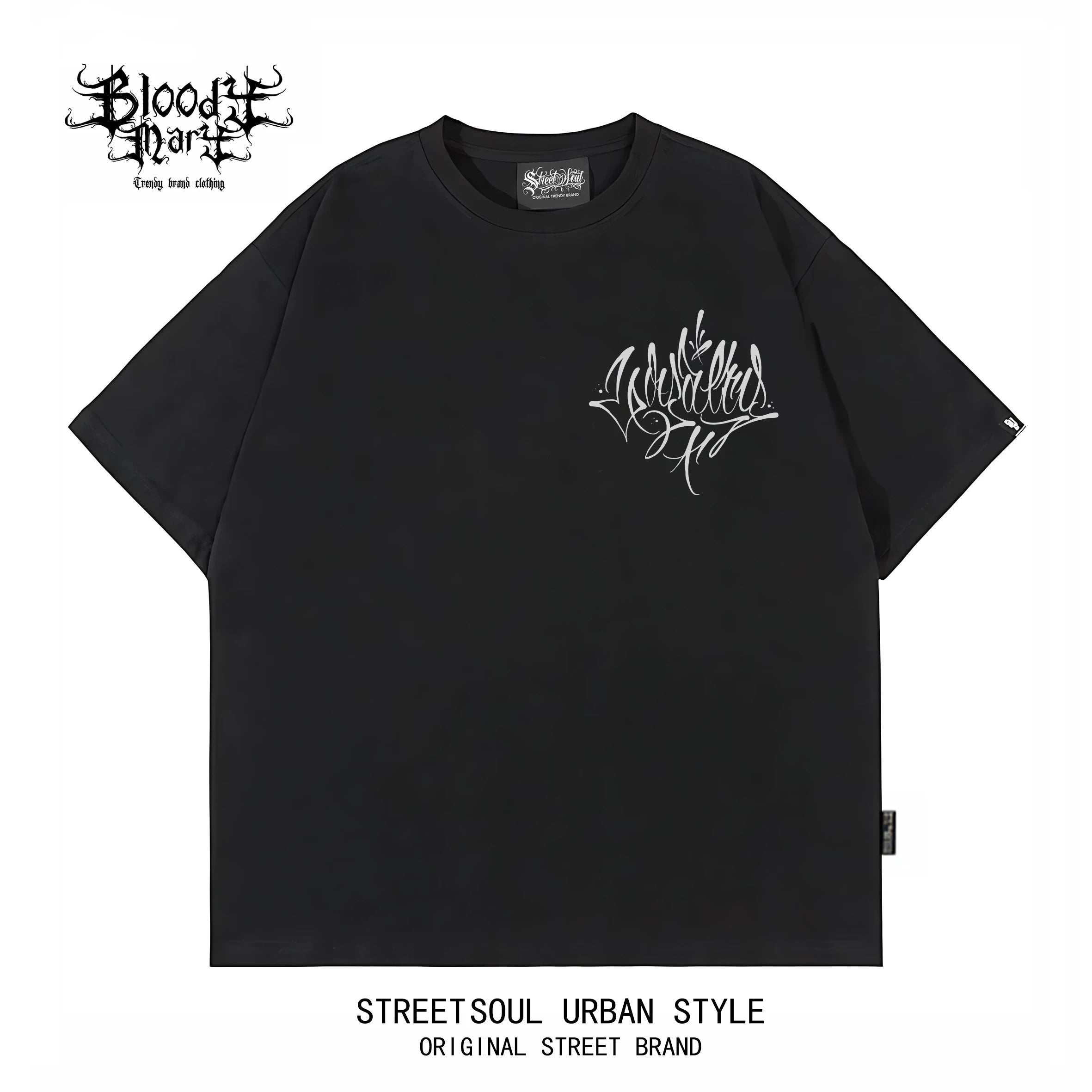 American Trendy Brand Flower Font West Coast Hip Hop Black Short sleeved T-shirt Loose Cotton Heavy duty Letter Printed Trendy Brand