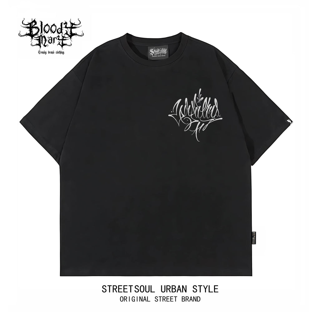 American Trendy Brand Flower Font West Coast Hip Hop Black Short sleeved T-shirt Loose Cotton Heavy duty Letter Printed Trendy Brand