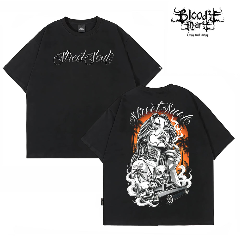 American hip-hop Chicano ins style printed short sleeved T-shirt for men and women loose black trendy brand versatile summer new item