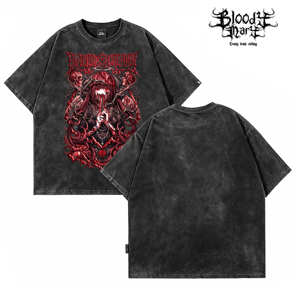 American street dark style anime printed short sleeved T-shirt for men and women, loose fitting washed vintage trendy top