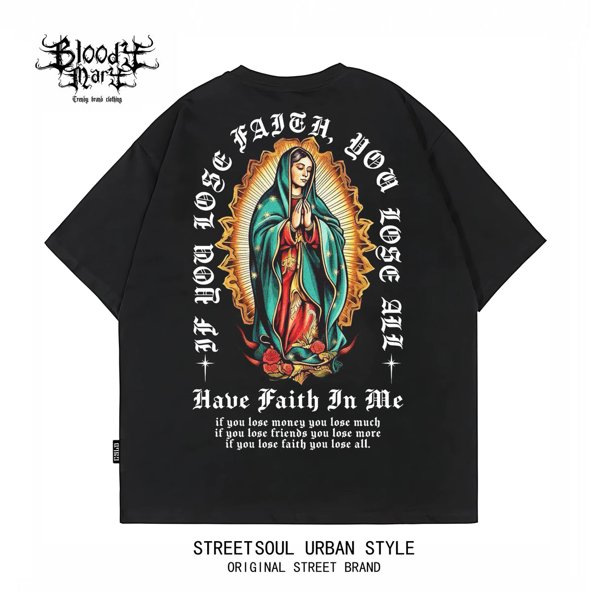 Original Trendy American West Coast Chicano Flower Font Street Head Wind Heavy Cotton Short Sleeve Loose Printed T-shirt
