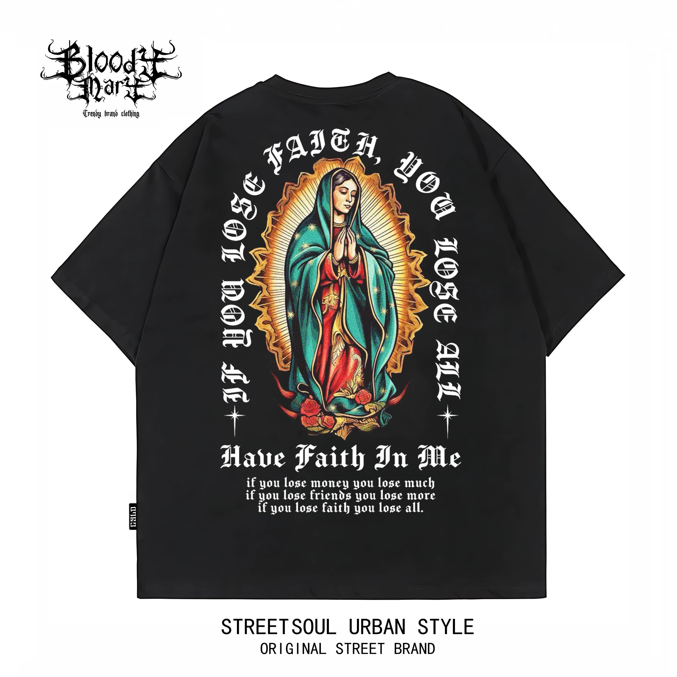 Original Trendy American West Coast Chicano Flower Font Street Head Wind Heavy Cotton Short Sleeve Loose Printed T-shirt