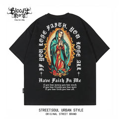 Original Trendy American West Coast Chicano Flower Font Street Head Wind Heavy Cotton Short Sleeve Loose Printed T-shirt
