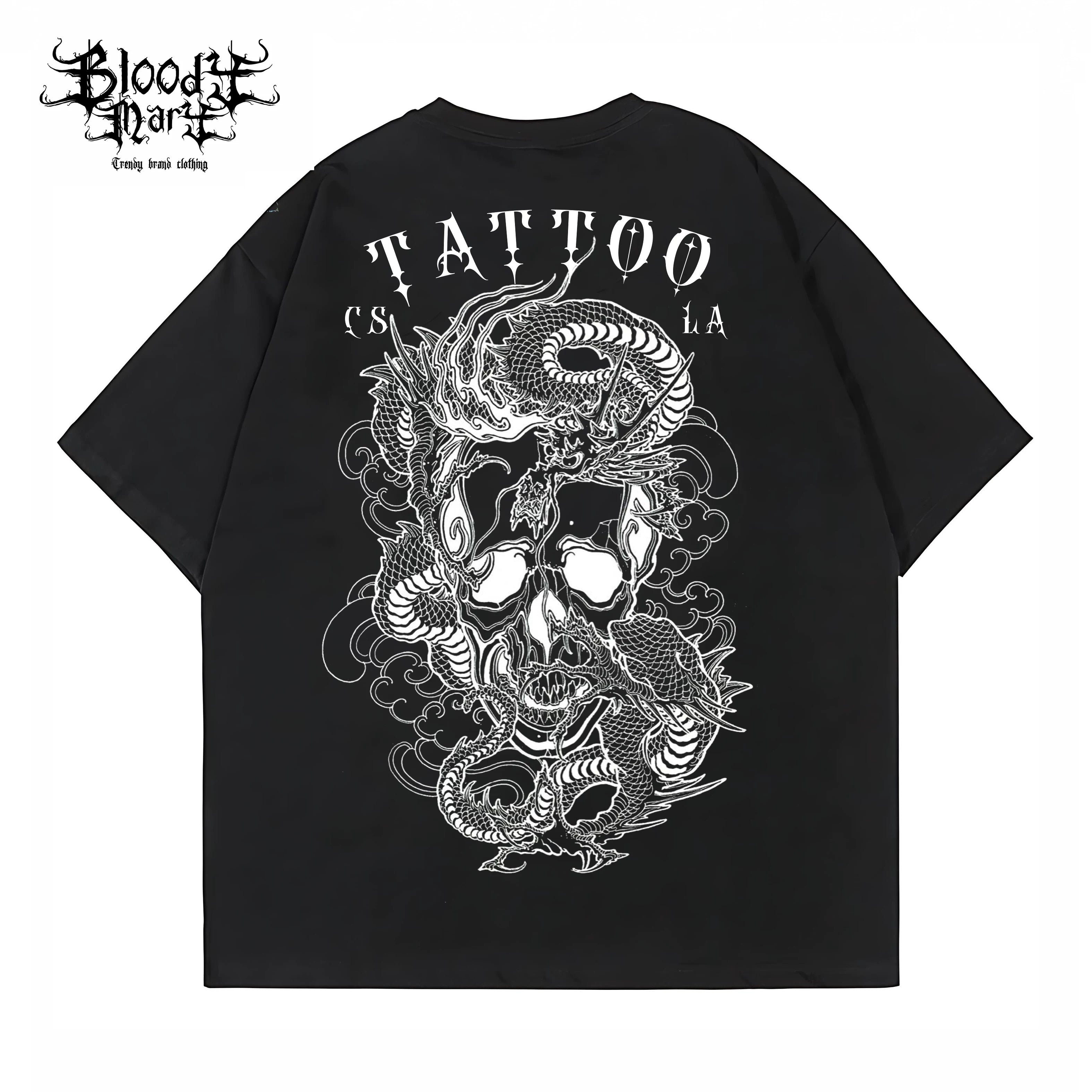 American traditional dragon street flower font short sleeved loose cotton heavyweight niche hip-hop tattoo artist trendy T-shirt