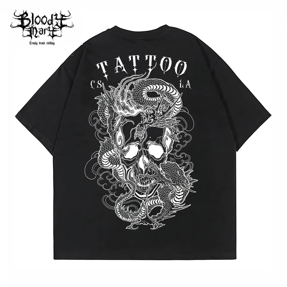 American traditional dragon street flower font short sleeved loose cotton heavyweight niche hip-hop tattoo artist trendy T-shirt