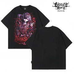 American Hip Hop Abby anime Black Short Sleeve T-shirt Men's and Women's Loose Printed Cotton Rock Personality Top