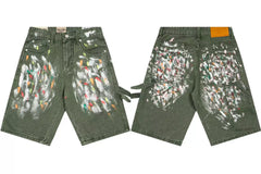Gallery Dept. Heavy Paint Splatter Distressed Denim Shorts - Army Green