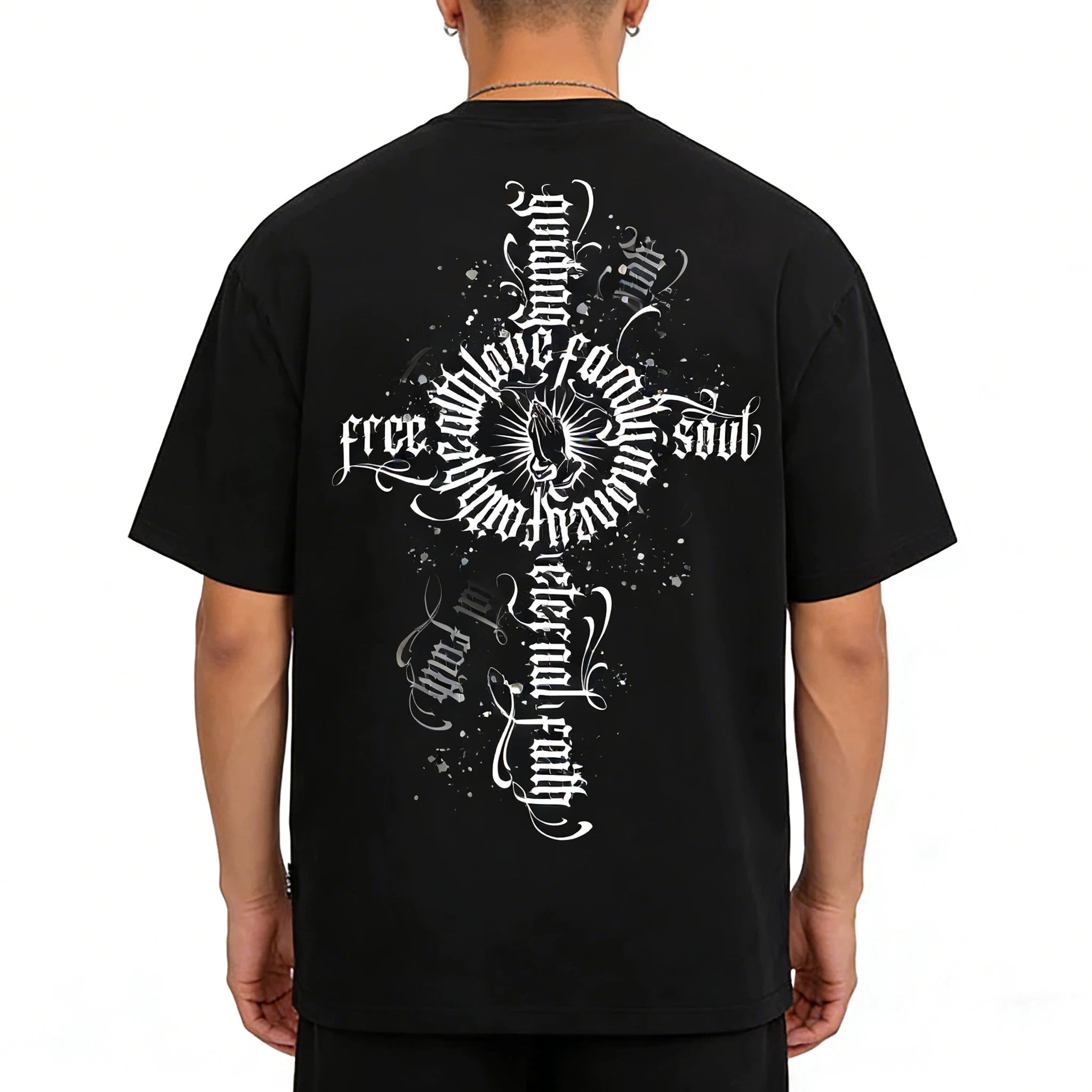 Trendy cross, floral characters, hip-hop, American West Coast prayer hand T-shirt, street dance tattoo artist, gang heavyweight
