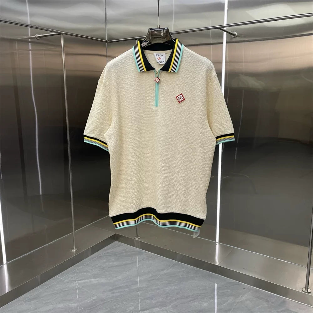 Casablanca Diamond Monogram Knit Polo Shirt - Off-White