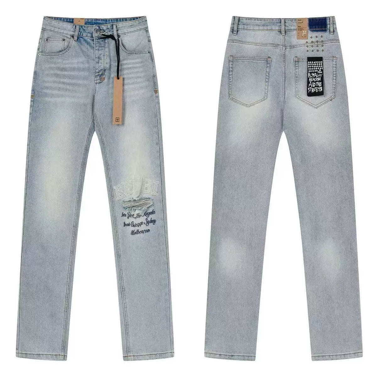 Ksubi Distressed & Script Print Denim - Light Blue