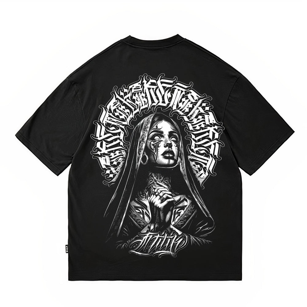 Trendy Tattoo Artist Manga Tattoo West Coast Street Dance Chicano Flower Font Cartoon American Pure Cotton Heavy Weight T-shirt