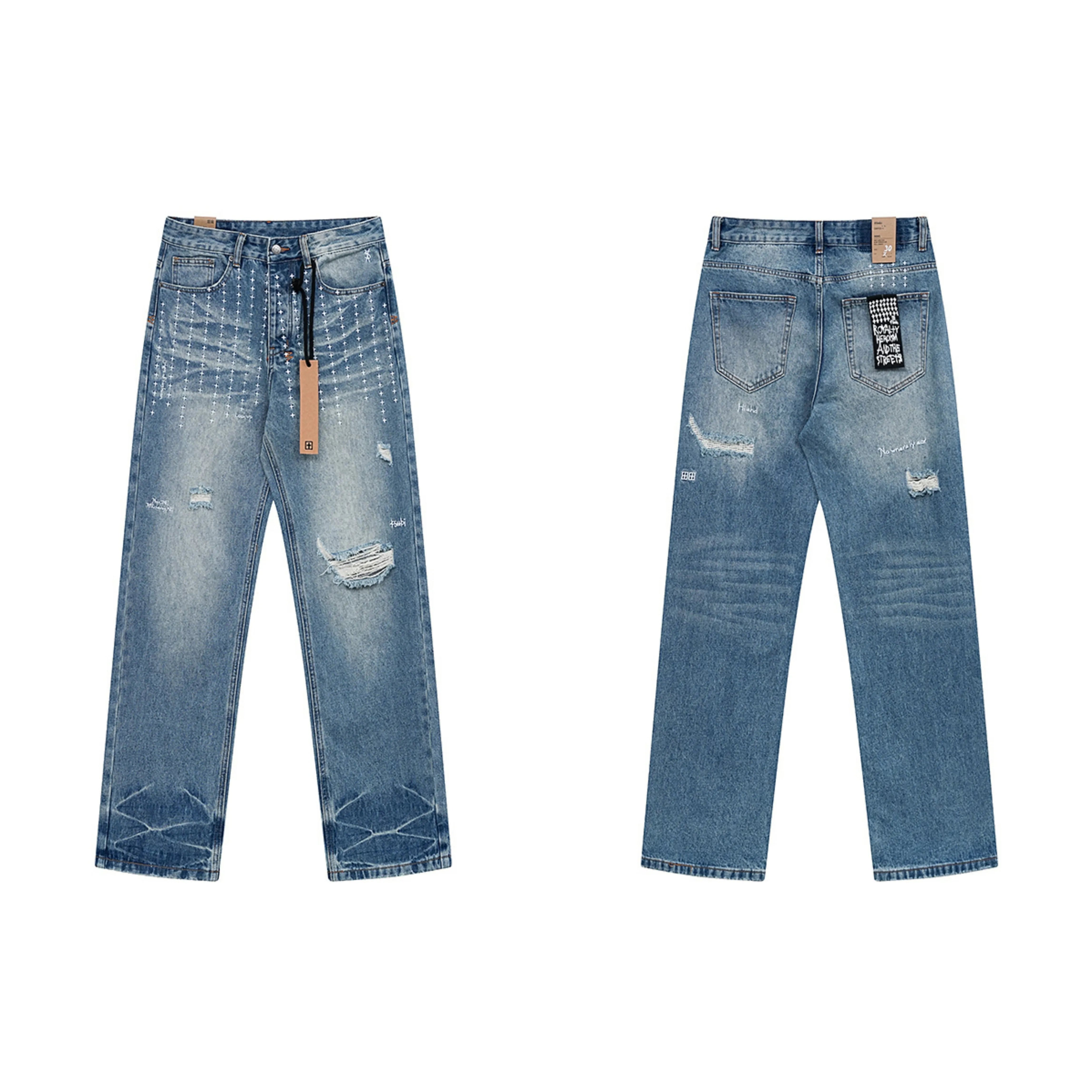 Ksubi Distressed Rhinestone & Stitch Detail Denim - Light Blue