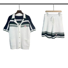 Casablanca Navy Shoulder Stripe Knit Set - White / Navy Blue
