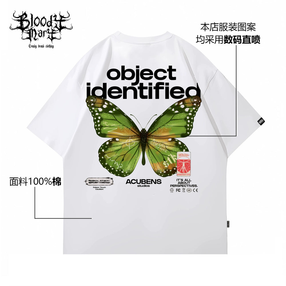 Trendy streetwear hip-hop ins style American heavyweight men and women butterfly letter print versatile loose short sleeved T-shirt white