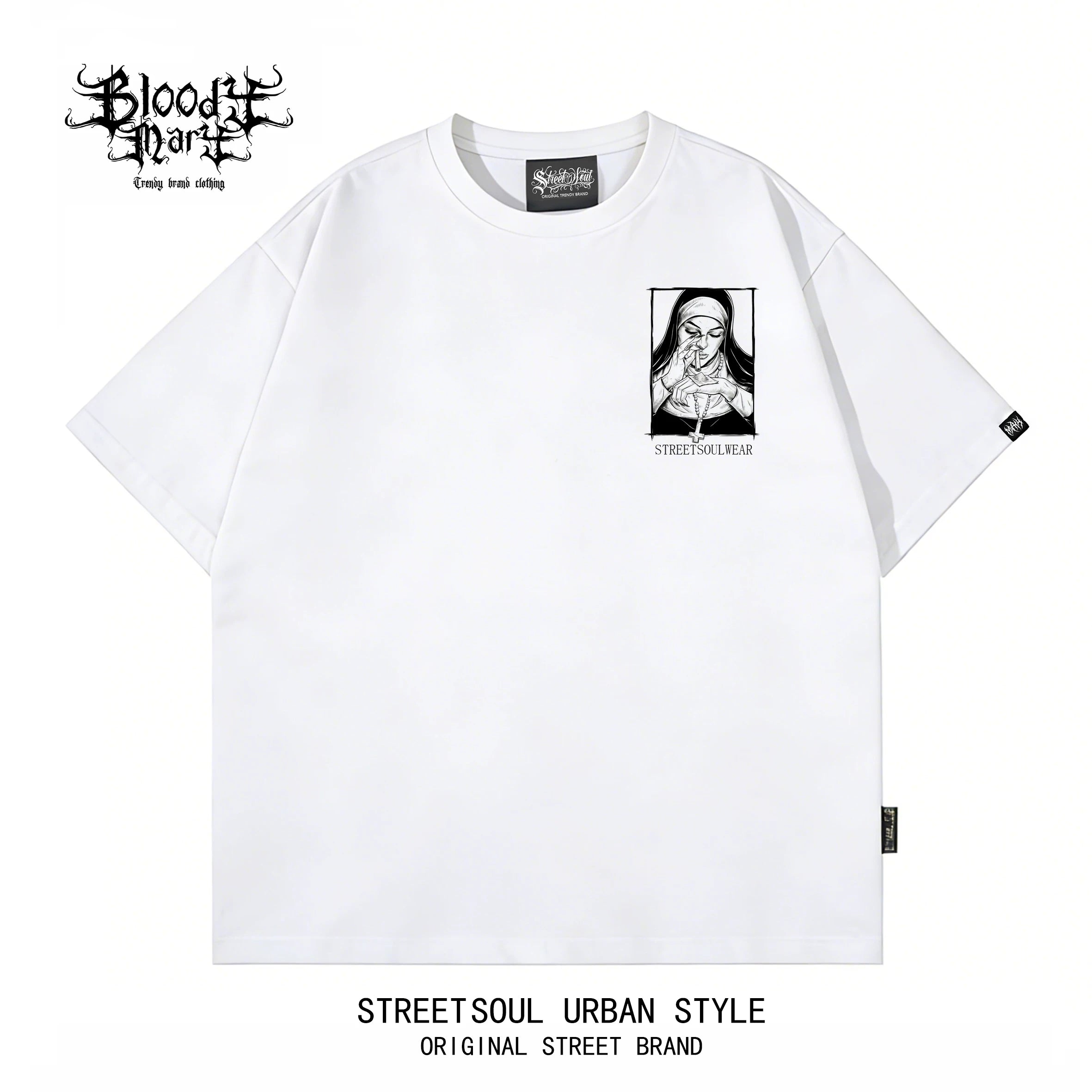 Trendy American retro dark style nun print short sleeved T-shirt for men and women, loose and heavyweight pure cotton high street style top