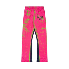 Gallery Dept. "GALERIE DEPT." Lime Green Tie-Dye Wash Contrast Panel Sweatpants - Hot Pink